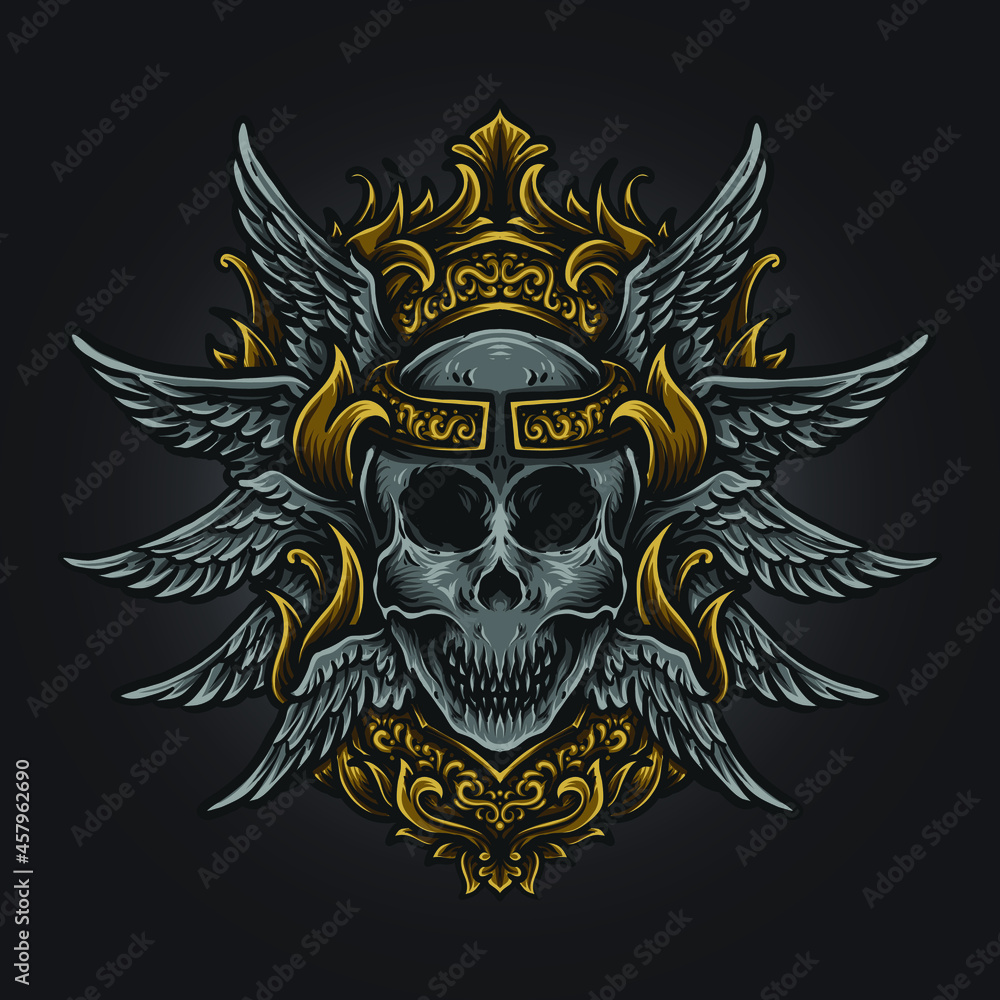 Fototapeta premium artwork illustration and t shirt design angel skull engraving ornament
