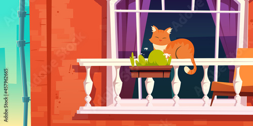 House facade with vintage balcony. Vector cartoon illustration of house front with brick wall, downpipe, window with curtains and terrace with red cat on white fence, flower pot and chairs