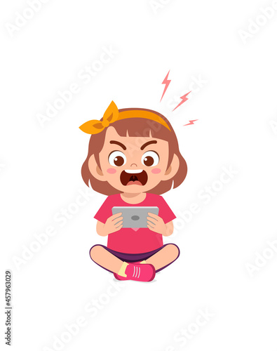 little girl using mobile phone and angry