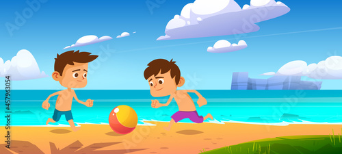Kids playing ball at summer beach, boys play at sea shore, outdoor fun, family vacation and holidays leisure on ocean coastline, friends or brothers games and recreation, Cartoon vector illustration