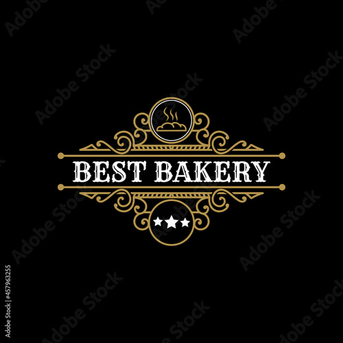 retro Luxury gold vintage Coffee shop logo icon with decorative ornamental frame for bakery coffee house cafe hotel restaurant