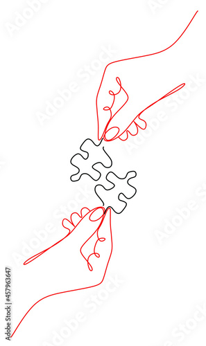 continuous drawing of the red line of the hands and the black line of the puzzle. Business solutions success and strategy and time