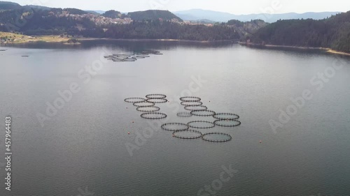 Round circular fish keep nets Industrial fish farm  Dospat dam resrervoir,Rhodopes Bulgaria aerial flight photo