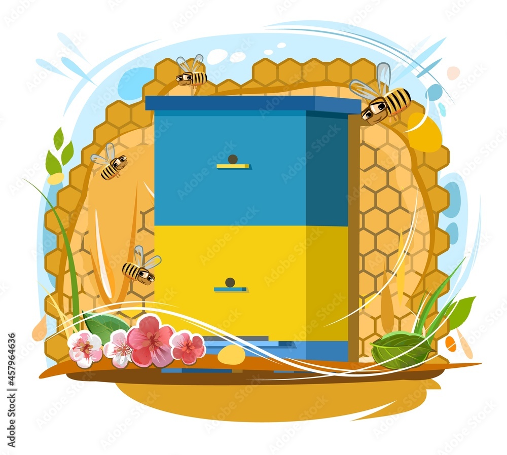 Apiary. Rural farm landscape with bee hive in a summer meadow. Bee ...