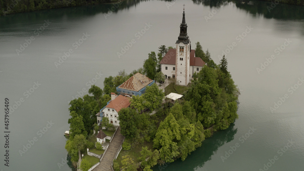 Aerial view over Bled lake Church, Slovenia
Pilgrimage Church of the Assumption of Maria (Bled Island) on a Cloudy day,2021
