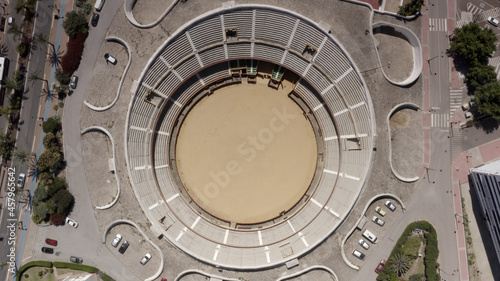 Aerial view over Large Arena in Ronda, Spain 
drone view from Spain, 2021

