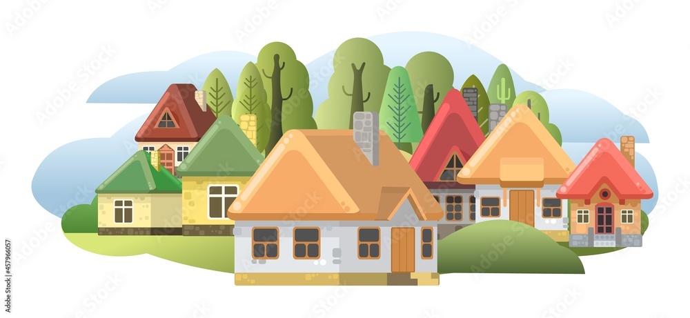 Farm hut in the garden. Funny cartoon style. Country suburban village. Fairy tale illustration for children.Rural houses. Art illustration isolated on white background. Vector.