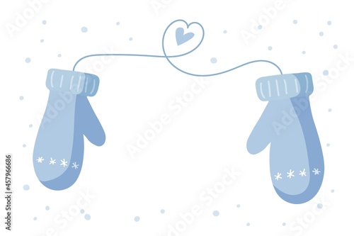 Winter frame with mittens and snowflakes on white background. Congratulatory New Year and Christmas frame with copy space for text, congratulations, invitations, monogram. Vector illustration.