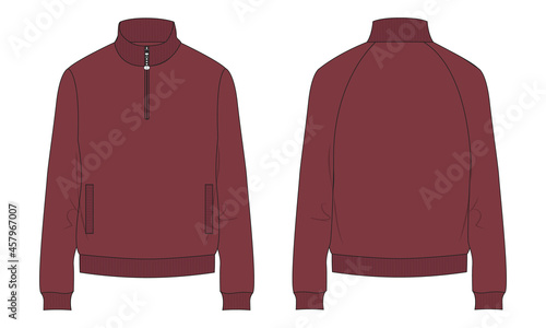 Long sleeve with Short zip fleece jacket overall technical fashion Flat sketch Vector illustration template Front, back views. Apparel Sweater Jacket Red color mock up CARD. Easy edit, customizable.