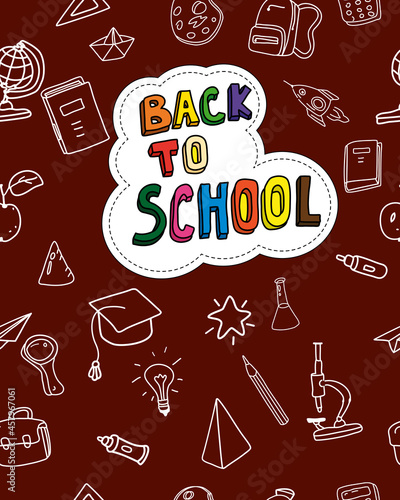 Back to school cover background, hand draw doodle icons supples, equipment, elements seamless pattern. Cover notebook, broshure, poster, flyer, book template vector illustration