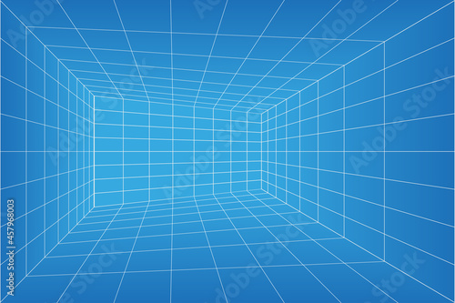 Fototapeta Naklejka Na Ścianę i Meble -  Grid perspective blueprint room. Wireframe millimeter paper background. Digital cyber box technology model. Vector blank architectural template