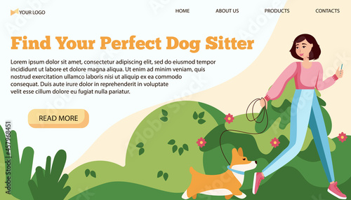Vector illustration banner template for dog sitter service in a flat style. Vector illustration