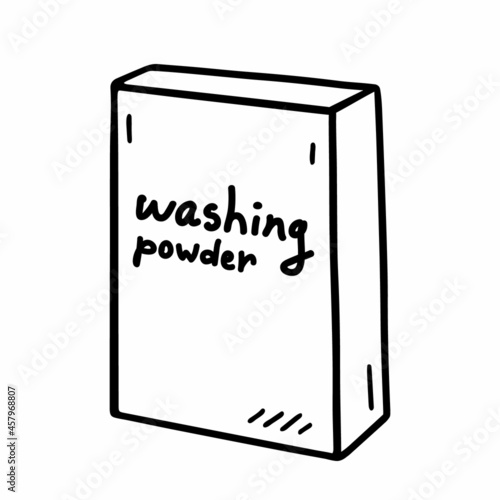 Laundry detergent box isolated on white background. Washing powder for cleaning clothes and hygiene. Vector hand-drawn illustration in doodle style. Suitable for decorations, logo, various designs.