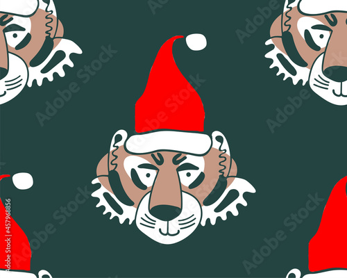 Christmas symbol 2022 tiger in red cap drawn by hand isolated on dark green seamless pattern. Animal of Chinese New Year. Sticker, printing, clip art, package, postcard, poster.