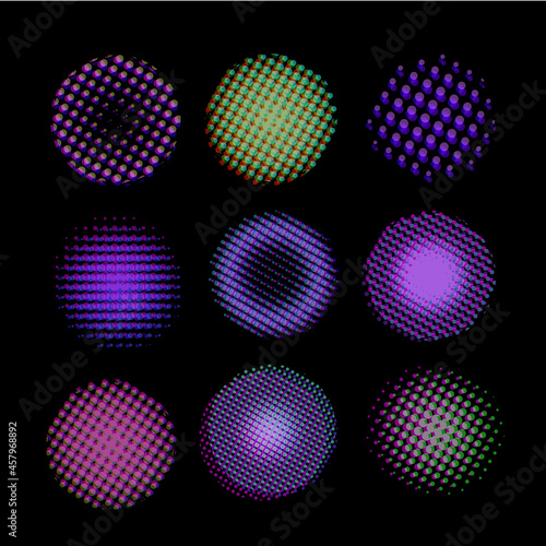 A collection of point halftone spheres. Circles of a point texture with the effect of vector failure, TV distortion, vhs failure.
