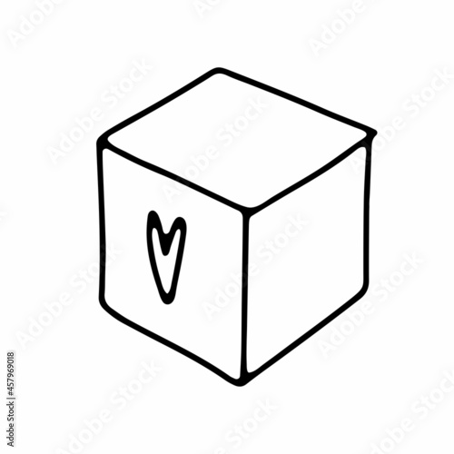Cute doodle Gift box sticker. Hand-drawn outline present isolated on white background. Cube with heart print. Holiday, Valentines Day, Christmas, Birthday, childrens toy symbol. Vector illustration