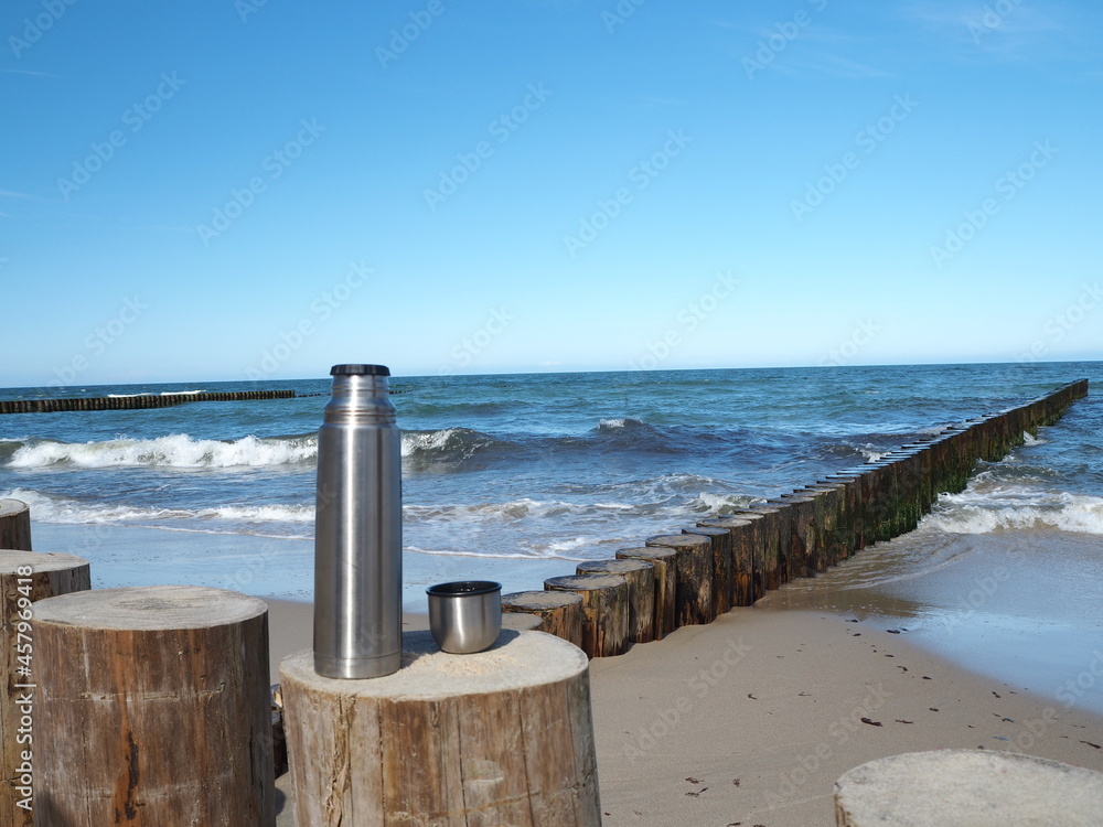 Beach on the Baltic Sea coast. Tea drinking on the beach. Beach on the Baltic Sea coast. Tea drinking on the beach.