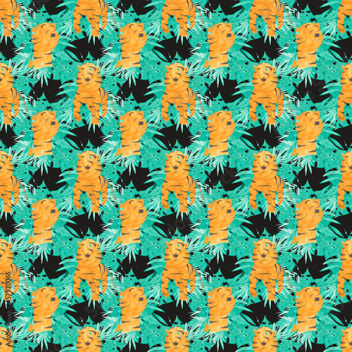 Watercolor tiger and tropical leaves seamless pattern on a black background. A hand-drawn tiger's endless print. African animal wallpaper. Cute safari animal illustration. Zoo print.