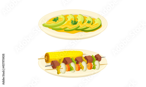 Served on Plate Dish with Meat and Vegetable Shashlik and Sliced Avocado with Sauce Vector Set