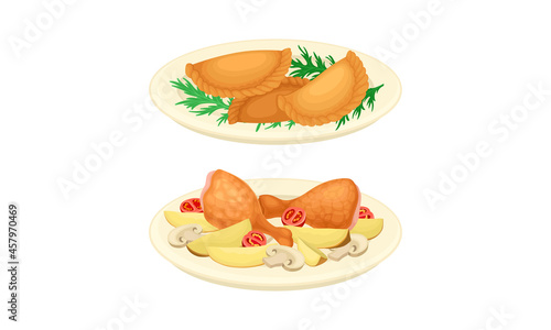 Served on Plate Dish with Fried Chicken Legs and Stuffed Dumpling Vector Set