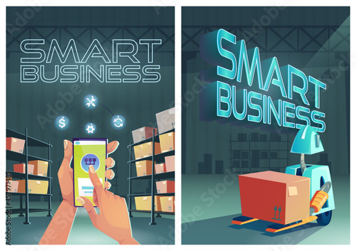 Smart business cartoon posters, forklift robot loading box in warehouse interior. Distributor use application for intelligent logistics, cargo delivery, postal service, storehouse vector web banner