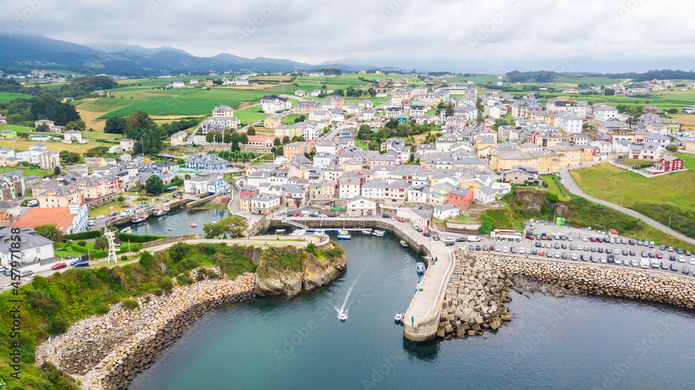 Fototapeta premium aerial view of puerto de vega coastal town, Spain
