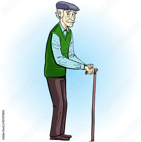 old grandfather leaning on a stick looks at us