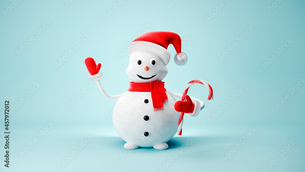 Cute Snowman in Santa Claus hat on light pastel background - 3D, render. Christmas and New Year symbol with gifts and candy. Greeting card, banner, template with copy space. Cute Snowman in Santa Claus hat on light pastel background - 3D, render. Christmas and New Year symbol with gifts and candy. Greeting card, banner, template with copy space.