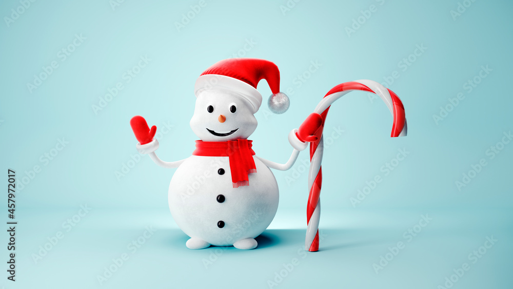 Cute Snowman in Santa Claus hat on light pastel background - 3D, render. Christmas and New Year symbol with gifts and candy. Greeting card, banner, template with copy space. Cute Snowman in Santa Claus hat on light pastel background - 3D, render. Christmas and New Year symbol with gifts and candy. Greeting card, banner, template with copy space.