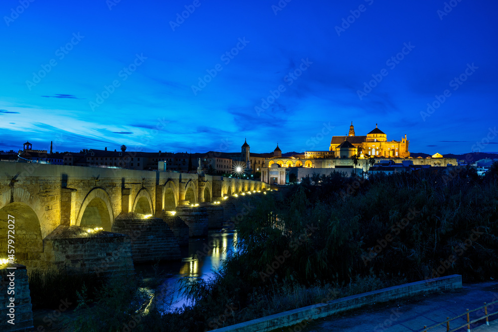 Mosque-Cathedral and the Roman Bridge in Cordoba, Andalusia, Spain at night