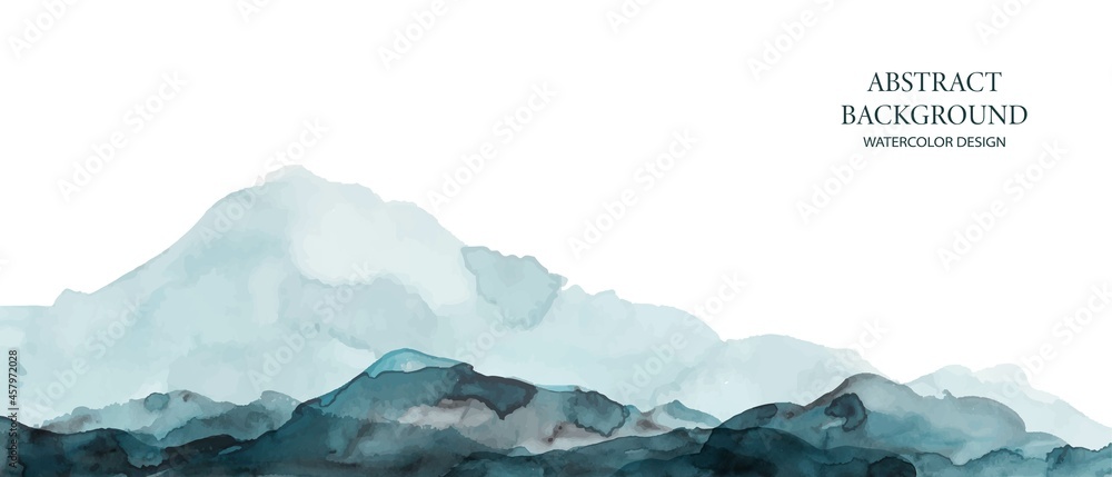 Mountains, hills abstract panorama. Blue, grey watercolor wash. Modern minimal abstract background. Landscape painting. - obrazy, fototapety, plakaty 