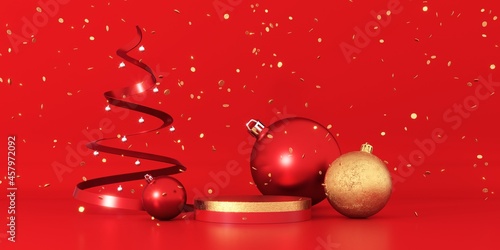 Christmas background with gold platform, toys. Showcase, podium, pedestal for products, shop windows and magazines. New Year greeting card, poster, banner with red gift boxes, presents - 3D, 