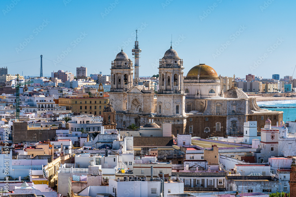 View of the old city rooftops from tower Tavira in Cadiz, Andalusia, Spain
