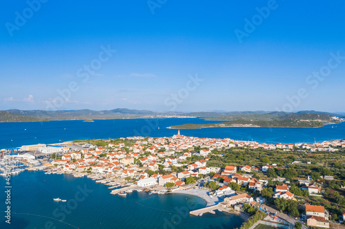 Town of Betina on Adriatic sea, Island of Murter, Croatia, drone aerial view