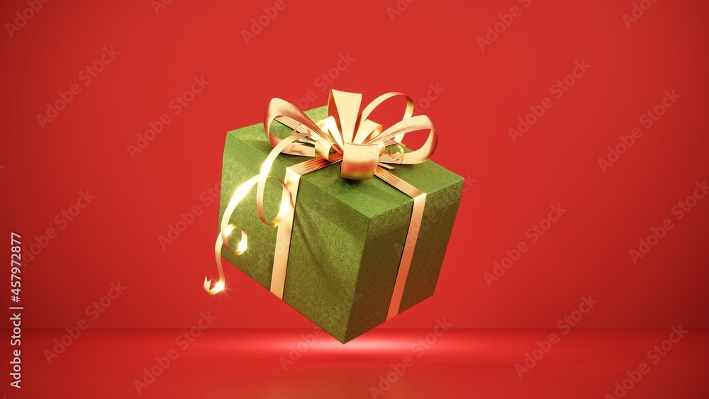Obraz premium Christmas background with gold platform, toys. New Year greeting card, poster, banner with red gift boxes, presents - 3D, render. Showcase, podium, pedestal for products, shop windows and magazines. 