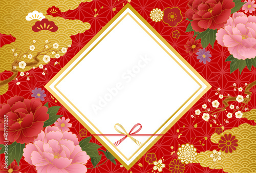 和柄の模様と花と雲の2022年の年賀状テンプレートのベクターイラスト背景(和風,結婚式,誕生日,招待状,赤)