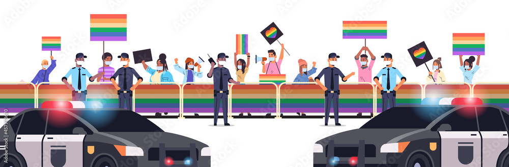 mix race people in masks with LGBT placards on lesbian gay pride festival transgender love LGBT community concept mix race people in masks with LGBT placards on lesbian gay pride festival transgender love LGBT community concept