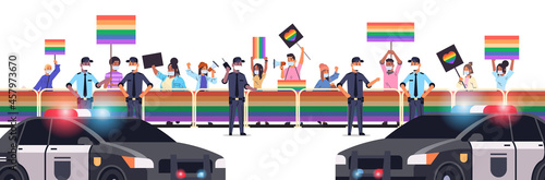 mix race people in masks with LGBT placards on lesbian gay pride festival transgender love LGBT community concept