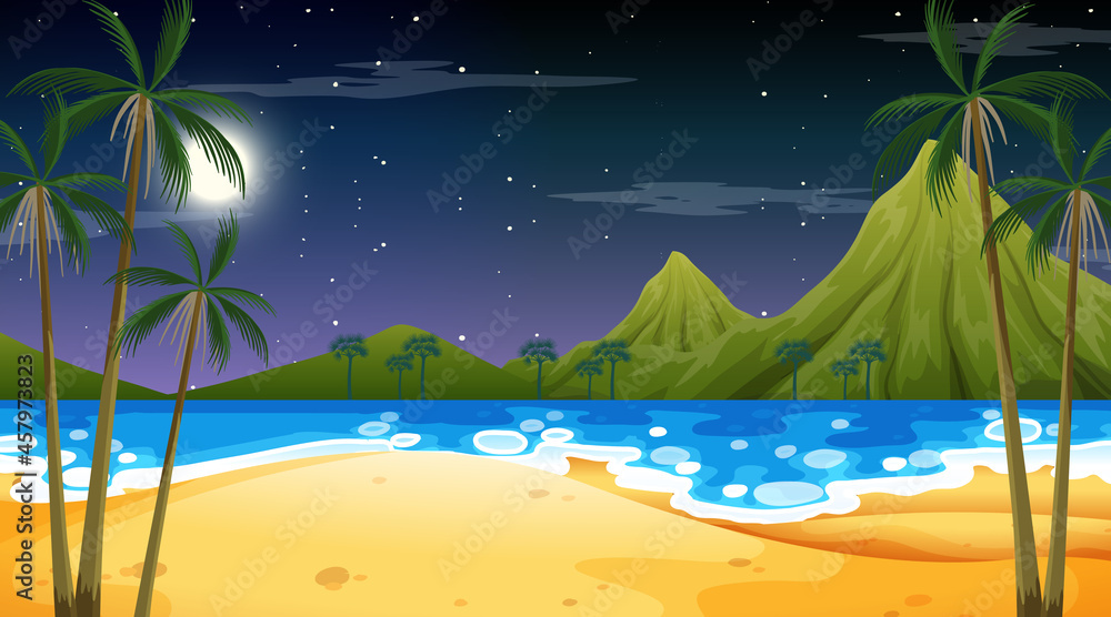 Tropical beach scene with mountain background at night