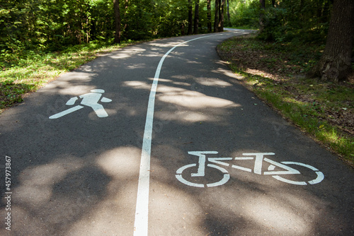 Bike lane, bike path and pedestrian signs in summer green park. Concept of rest and relaxation, exercise, healthy lifestyle