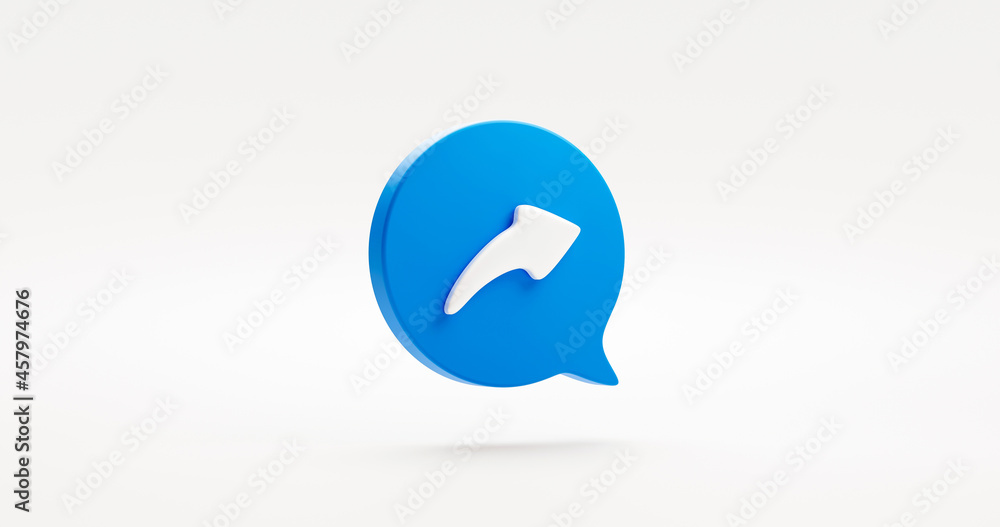 Blue reply icon symbol bubble button or forward share arrow sign and send mail flat design graphic element isolated on white background with undo chat message ui mobile interface. 3D rendering. Blue reply icon symbol bubble button or forward share arrow sign and send mail flat design graphic element isolated on white background with undo chat message ui mobile interface. 3D rendering.