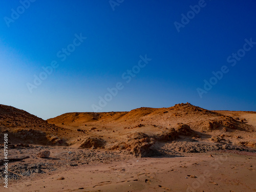 Beautiful Egyptian desert. Blue sky and sand. Marsa Alam