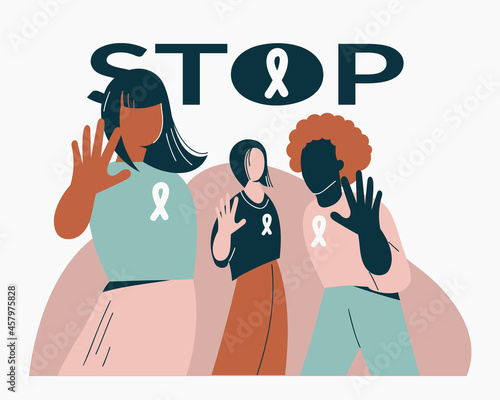 Gender violence concept Women show stop gesture or sign protest against racial or gender discrimination. International day for elimination of violence against women. Flat vector illustration, poster
