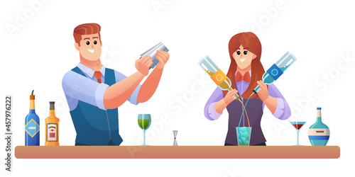 Man and woman bartender characters mixing drinks concept illustration