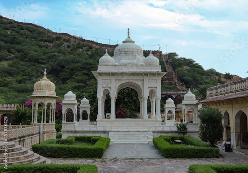 Amazing view of memorial grounds to Maharaja Sawai Mansingh II and family constructed of marble. Gatore Ki Chhatriyan  Jaipur  Rajasthan  India.