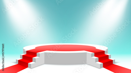White round podium with red carpet and stairs. Blank pedestal with steps and spotlights. Stage for awards ceremony. Vector illustration.