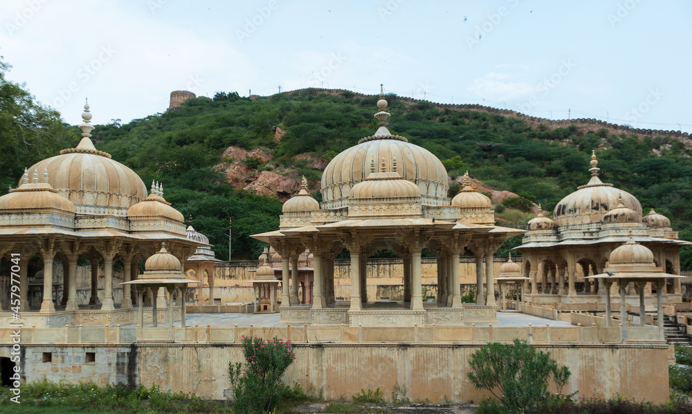 Amazing view of memorial grounds to Maharaja Sawai Mansingh II and family constructed of marble. Gatore Ki Chhatriyan, Jaipur, Rajasthan, India.