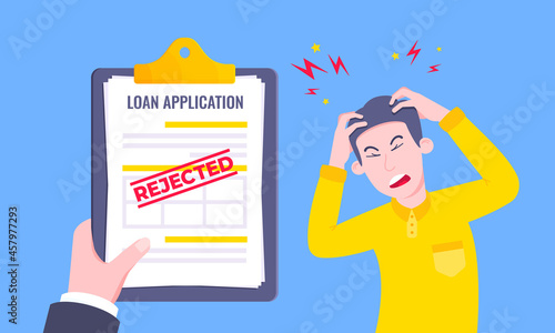 Sad man and rejected loan application form flat style design vector illustration. Bad credit reject form business concept.