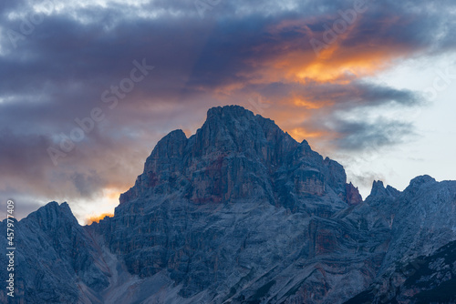 Mountain Peak of Croda Rossa D'Ampezzo or Hohe Gaisl (3146 m.) at sunset, Dolomites, UNESCO world heritage site, Trentino-Alto Adige and Veneto, Bolzano and Belluno province, Italy, Europe.