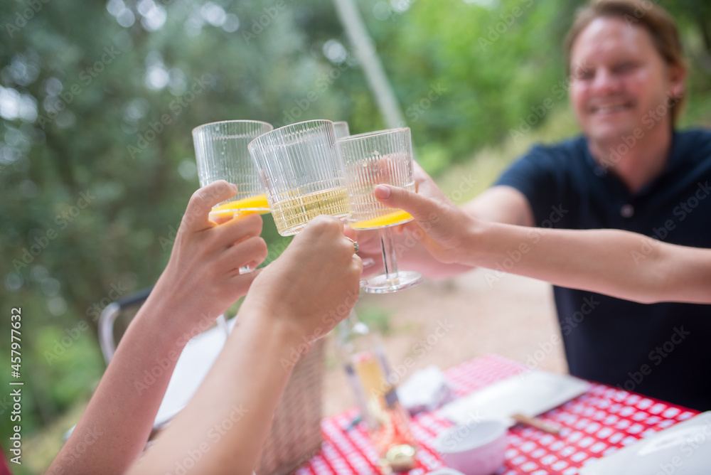 Close-up of family clinking glasses. Hands holding, clinking glasses with yellow beverages. Family time, outdoor activity, picnic concept Close-up of family clinking glasses. Hands holding, clinking glasses with yellow beverages. Family time, outdoor activity, picnic concept